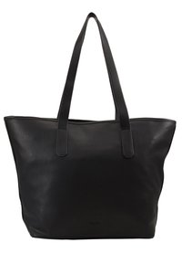 Borsa a tracolla in pelle nera con due manici robusti, una forma strutturata e spaziosa, e una finitura testurizzata sottile. Logo impresso sul fondo.