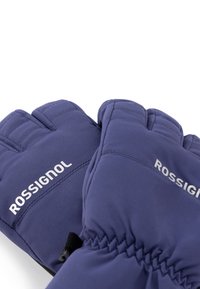 Ett par blå Rossignol-vinterhandskar med elastiska handledsmuddar, designade för skydd mot kallt väder och utomhusbruk.