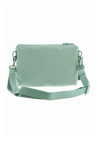 Borsa a tracolla rettangolare verde chiaro con superficie strutturata, chiusura con cerniera e tracolla regolabile. Dotata di dettagli in metallo.