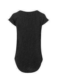 Black T-shirt made of soft fabric, featuring a rounded neckline, short rolled sleeves, and a curved hemline at the back.