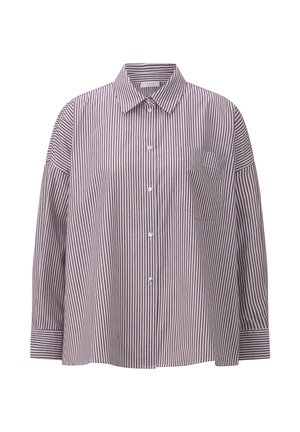 Camicia a righe in lilla chiaro e bianco, con colletto, maniche lunghe, taschino sul petto e vestibilità morbida.