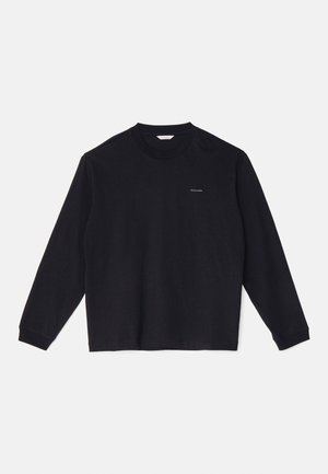 Schwarzes Langarm-T-Shirt aus weicher Baumwolle mit Rundhalsausschnitt, lockerer Passform und kleinem Logo auf der linken Brustseite.