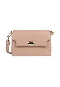 Borsa a tracolla rettangolare in pelle rosa chiaro con texture a granulato, chiusura a patta e dettagli in hardware dorato con chiusura a scatto.