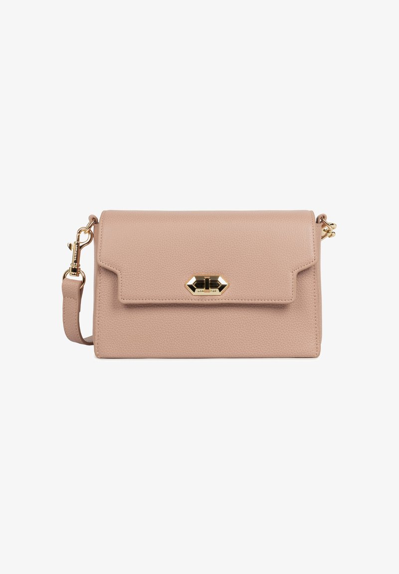 Borsa a tracolla rettangolare in pelle rosa chiaro con texture a granulato, chiusura a patta e dettagli in hardware dorato con chiusura a scatto.