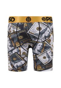 Boxer aderenti con una stampa di banconote, caratterizzati da un design in bianco e nero con accenti colorati. La vita è dorata con un logo.