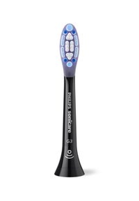 Tête de brosse Philips Sonicare G3, manche noir, design incliné, poils doux bleus, accents blancs et bleus surélevés pour un nettoyage efficace.