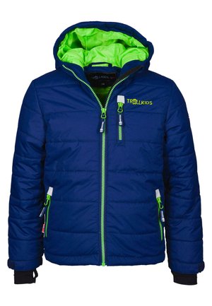 Marineblauer Pufferjacke mit grünem Innenfutter, Reißverschlusstaschen und reflektierenden Akzenten. Mit Kapuze und durchgehendem Reißverschluss auf der Vorderseite.