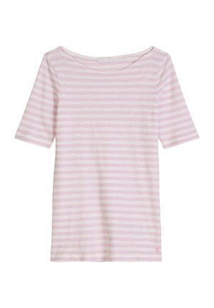 Kurzärmliges T-Shirt mit Rundhalsausschnitt und hellrosa-weißen horizontalen Streifen, gefertigt aus weichem Stoff.