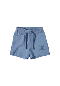 Lichtblauwe katoenen shorts met een elastische tailleband, aansnoerkoord en een klein logo gedrukt aan de linkerkant. Gladde textuur en casual ontwerp.