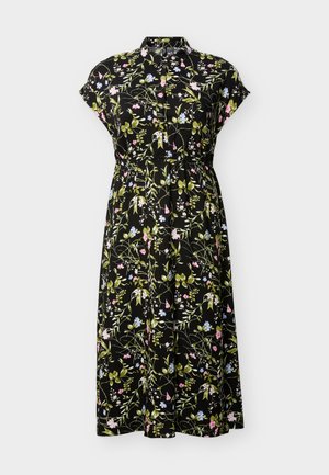 Vestido midi negro con mangas tipo capa, cuello y cierre frontal con botones, con un diseño floral que incluye hojas verdes y flores rosas, azules y blancas.