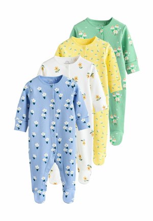 Neli beebide bodysuits sinises, valges, kollases ja rohelises, millel on lillemustrid, ribakujuline struktuur ja nupulukud.