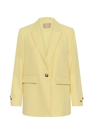Svetložlté sako s jedným gombíkom, výstrihom do V, vreckami s klapkami a gombíkovými manžetami, zobrazené na bielom pozadí.