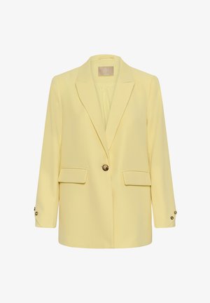 Helekollane ühe nupu jaotusega bleiser sälgu lapiga, klapitud taskute ja nööbitavate varrukaservadega, valgel taustal.