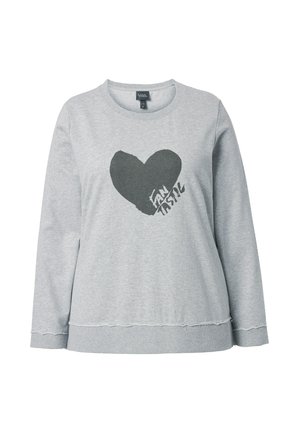 Lichtgrijs sweatshirt met lange mouwen, met een donkergrijze hartafbeelding en het woord "FANTASTIC" schuin binnenin het hart aan de voorkant.