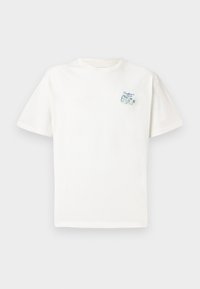 White cotton t-shirt featuring short sleeves, a round neck, and a blue and green embroidered logo on the left chest. Smooth texture.