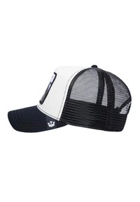 White and navy baseball cap with mesh back, curved brim, and a woven patch on the front featuring a logo. Adjustable snap closure.