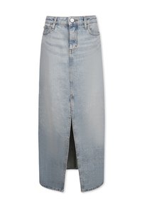 Gonna midi in denim azzurro chiaro, con spacco frontale, design classico a cinque tasche e chiusura a un bottone con passanti per cintura.