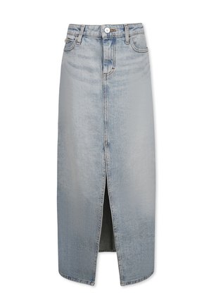 Gonna midi in denim azzurro chiaro, con spacco frontale, design classico a cinque tasche e chiusura a un bottone con passanti per cintura.