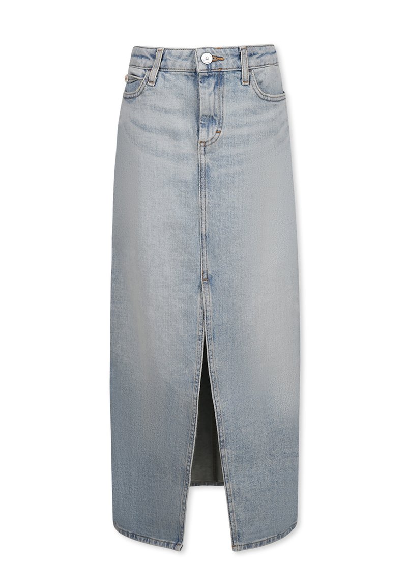 Gonna midi in denim azzurro chiaro, con spacco frontale, design classico a cinque tasche e chiusura a un bottone con passanti per cintura.