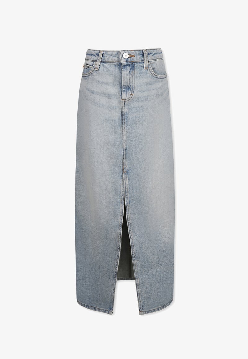 Gonna midi in denim azzurro chiaro, con spacco frontale, design classico a cinque tasche e chiusura a un bottone con passanti per cintura.