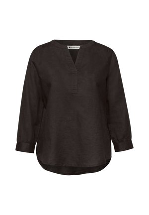 Blouse marron foncé manches longues avec fente en V, col rond et ourlet légèrement courbé, en tissu léger.