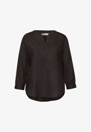 Blouse marron foncé manches longues avec fente en V, col rond et ourlet légèrement courbé, en tissu léger.