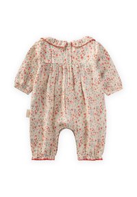 Romper z vzorcem cvetja z dolgimi rokavi, ovratnikom in rdečimi poudarki. Narejen iz lahkotnega materiala z nabranim pasom in elastičnimi manšetami.