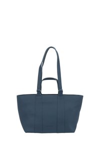 Bolso tote de cuero azul oscuro con dos correas largas para el hombro y un asa corta, forma rectangular, diseño minimalista.