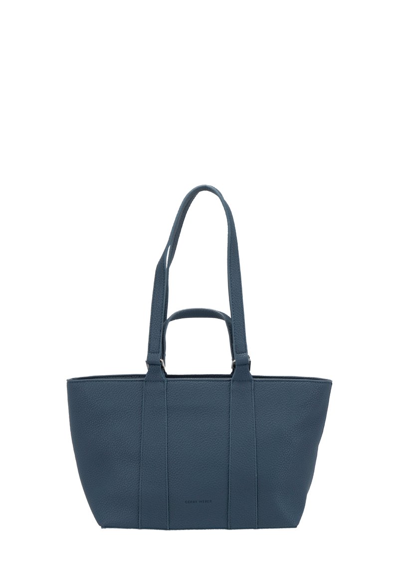 Bolso tote de cuero azul oscuro con dos correas largas para el hombro y un asa corta, forma rectangular, diseño minimalista.
