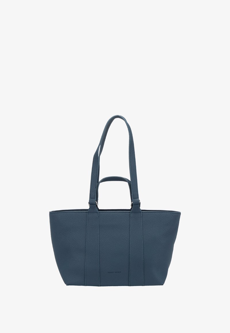 Donkerblauwe leren tote bag met twee lange schouderbanden en één korte handgreep, rechthoekige vorm, minimalistisch design.