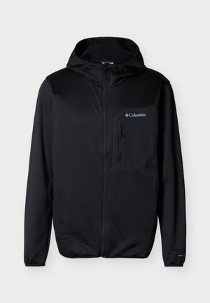 Felpa nera con zip frontale, tasca sul petto e logo Columbia, realizzata in tessuto strutturato con maniche lunghe e cappuccio.