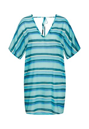 Haut léger à manches courtes en rayures bleues et vertes. Présente un décolleté en V et un détail de lien dans le dos. Texture lisse et coupe décontractée.