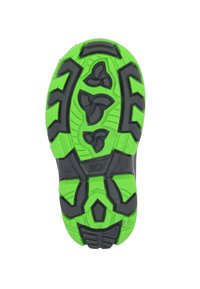 Schuhsohle aus strukturiertem schwarzem Gummi mit leuchtend grünen Akzenten; bietet ein robustes Profil für verbesserten Grip und Stabilität.