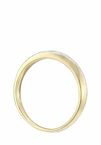 Zelta gredzens ar gludu, noapaļu joslu, pa malu iestiprināta plāna rinda ar mazām caurspīdīgām akmeņiem. Slīpēta apdare ar stabilu dizainu.