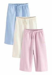 Tre par bomullsshorts: ljusblå, krämfärgad med prickar och rosa. Varje par har elastisk midja med dragskor.