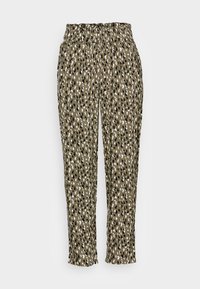 Leichte, elastische Hose in Olivgrün mit einem gepunkteten Muster in Schwarz und Weiß. Gerades Bein Design, weiche Stofftextur.