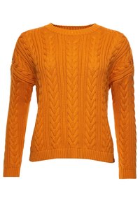 Oranger Kabelstrickpullover mit rundem Halsausschnitt, langen Ärmeln, gerippten Bündchen und Saum sowie detaillierten strukturierten Mustern im gesamten Design.