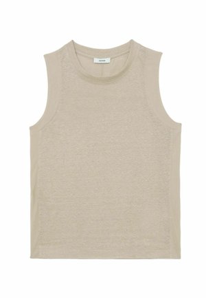 Bézs színű, ujjatlan, kerek nyakú trikó finom textúrával és sima oldalsó panelekkel, lapos elrendezés fehér háttéren.