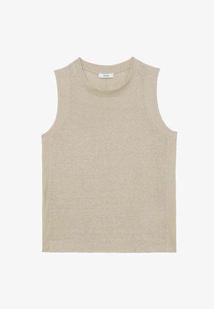 Bézs színű, ujjatlan, kerek nyakú trikó finom textúrával és sima oldalsó panelekkel, lapos elrendezés fehér háttéren.