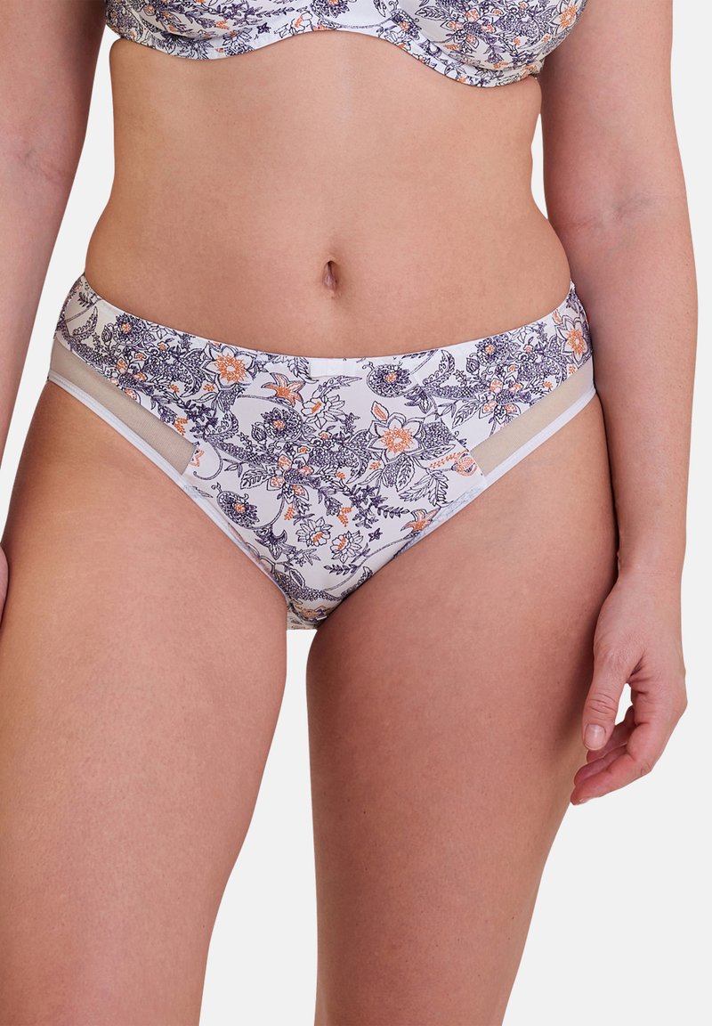 Bikini-onderdeel met bloemenprint in lichte stof met oranje en marineblauwe bloemen. Bevat een semi-doorzichtig zijpaneel en heeft een lage taille-instelling.