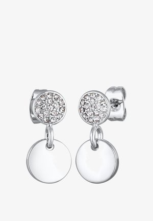 Srebrne naušnice s kružnim dugmetom ukrašenim sjajnim kristalima i visećim okruglim privjeskom, polirana površina, simetričan dizajn.