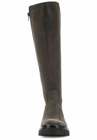 Botte mi-mollet en daim gris foncé à finition lisse, avec une fermeture éclair latérale et une semelle en caoutchouc noir durable pour une bonne adhérence.