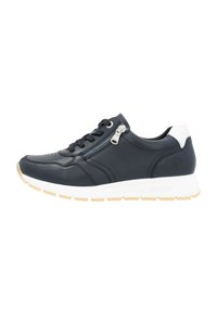 Marineblaue Leder-Sneaker mit glattem Obermaterial, ausgestattet mit Schnürsenkeln und einem seitlichen Reißverschluss, weißen Akzenten an der Ferse und einer leichten beigen Laufsohle.