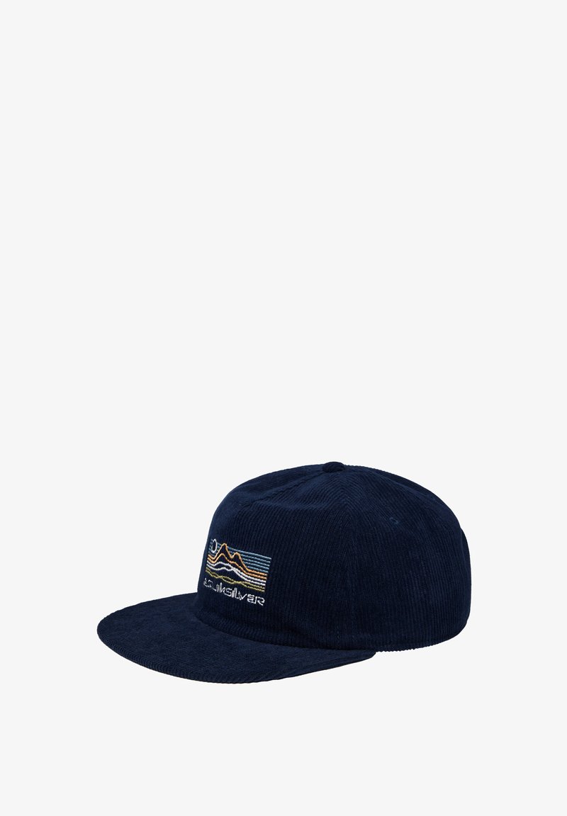 Navy corduroy cap with a flat brim and colorful mountain logo embroidery. Features a textured surface and reinforced stitching.
