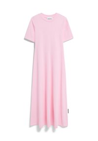 Pink cotton maxi dress with short sleeves, a round neckline, and an A-line silhouette. Features a label on the side. Smooth texture.