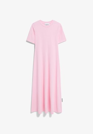 Rosa Baumwoll-Maxi-Kleid mit kurzen Ärmeln, einem runden Ausschnitt und einer A-Linie-Silhouette. Verfügt über ein Etikett an der Seite. Glatte Textur.