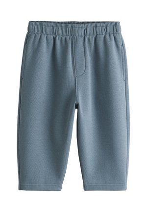 Short bleu à taille élastique avec poches latérales, longueur genou, en tissu doux, présenté sur fond blanc.