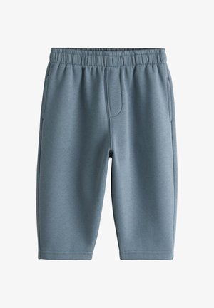 Pantalones cortos azules con cintura elástica y bolsillos laterales, hasta la rodilla, hechos de tela suave, mostrados sobre un fondo blanco.