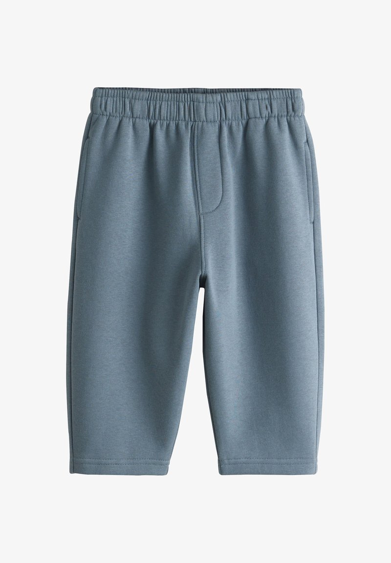 Short bleu à taille élastique avec poches latérales, longueur genou, en tissu doux, présenté sur fond blanc.