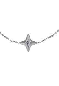 Collana d'argento con un ciondolo a forma di stella, caratterizzato da una pietra centrale trasparente. La catena è delicata e semplice, a complemento del design del ciondolo.